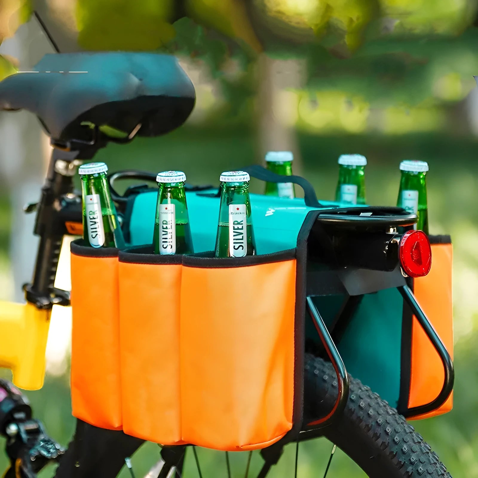Black and blue orange bicycle double-sided drink storage bag with 2L capacity mounted on bike