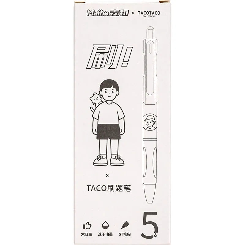 Five white ballpoint pens with 0.5mm black ink tips for student writing and exam use