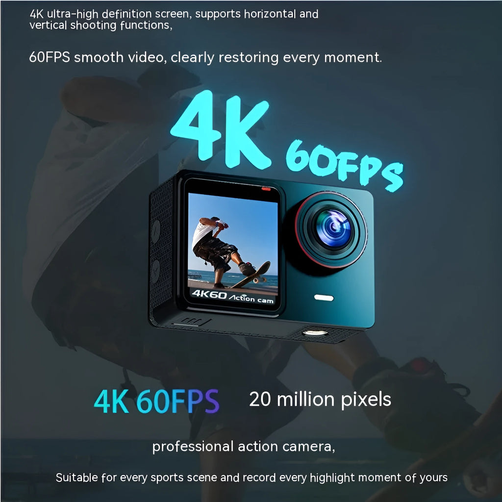 True 4K60 HD action camera with 30m waterproof housing and six-axis anti-shake stabilisation, ABS black body