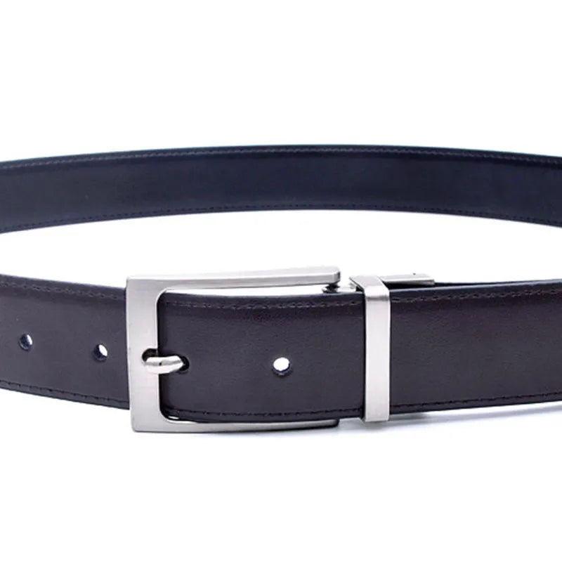 Men's brown and black casual leather belt with rotating pin buckle showing alloy fastener and two-layer cowhide construction
