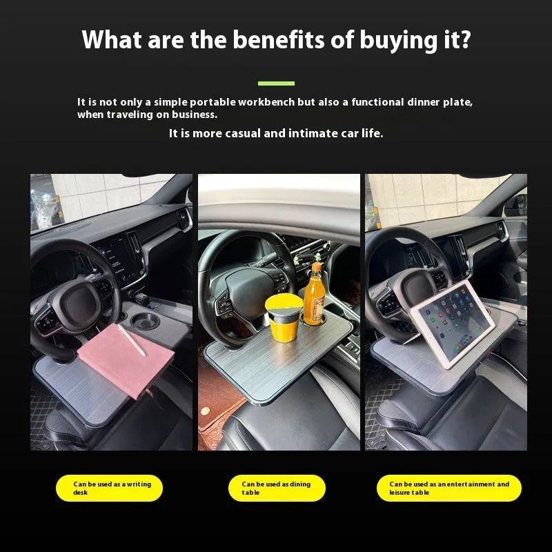 Black foldable ABS plastic tray positioned on a car steering wheel, shown with a laptop and foldable cup holder.