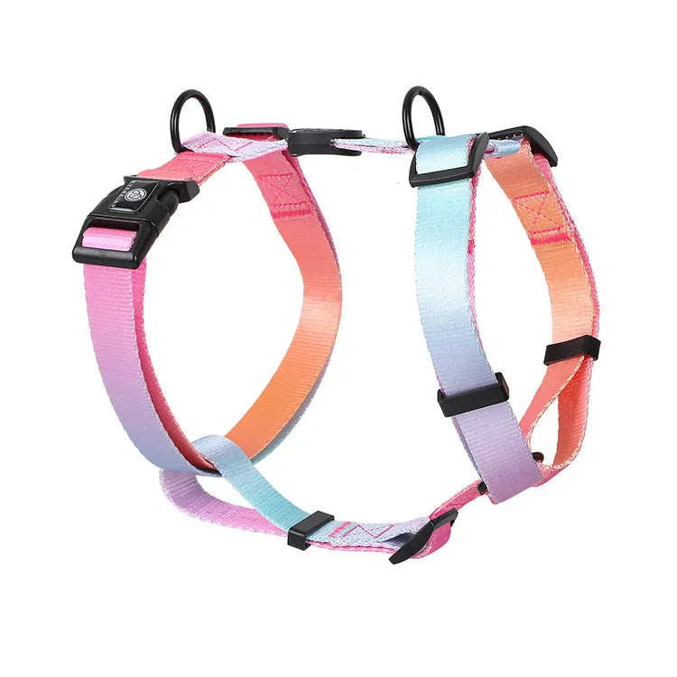 Gradient colour pet chest strap harness showing four pattern options for dog walking