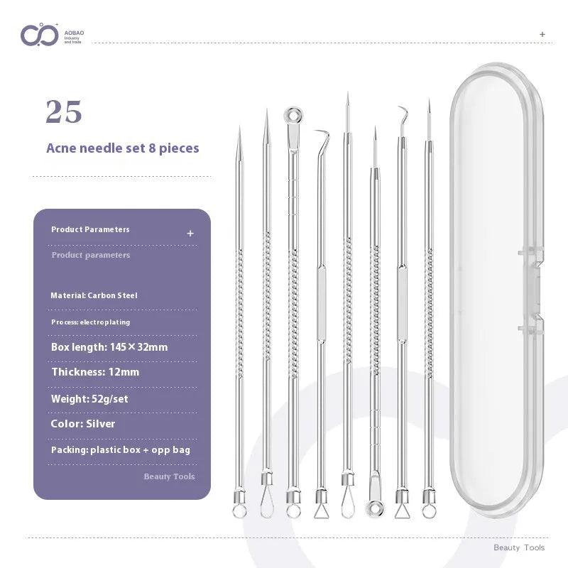 Four silver metal acne needles with ultra-fine pointed tips for skin treatment.