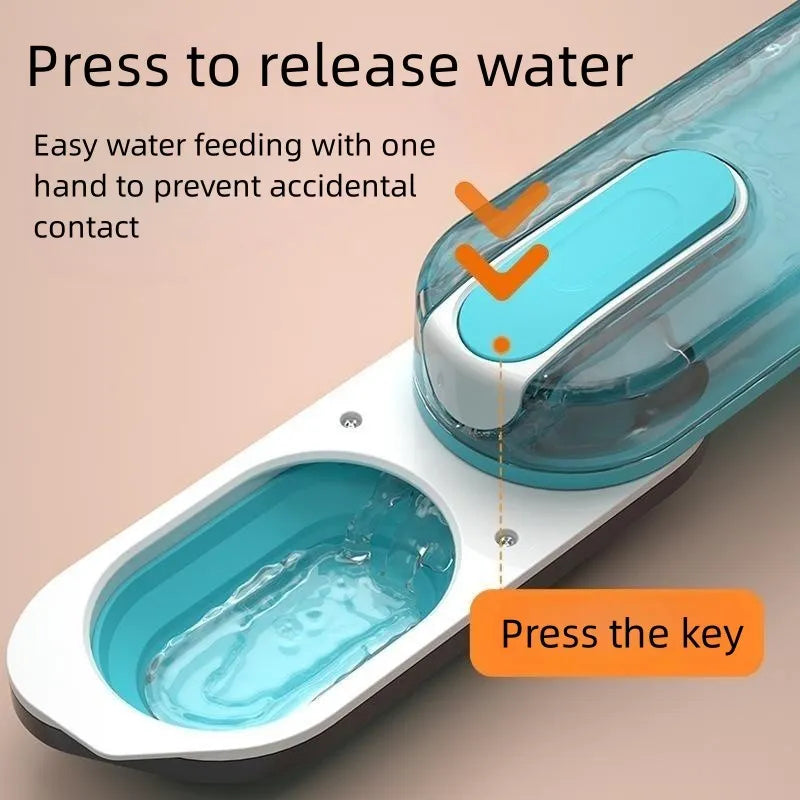 Blue portable dog water bottle with a grey silicone folding drinking bowl attached, for outdoor use.