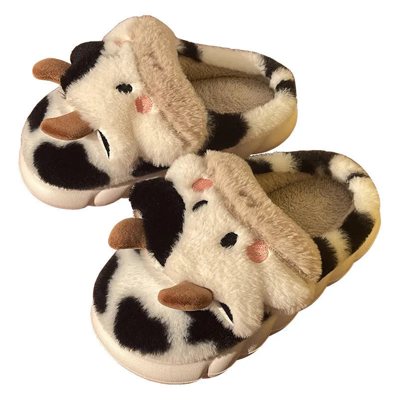 White cow animal slippers with faux fur and anti-slip textured soles