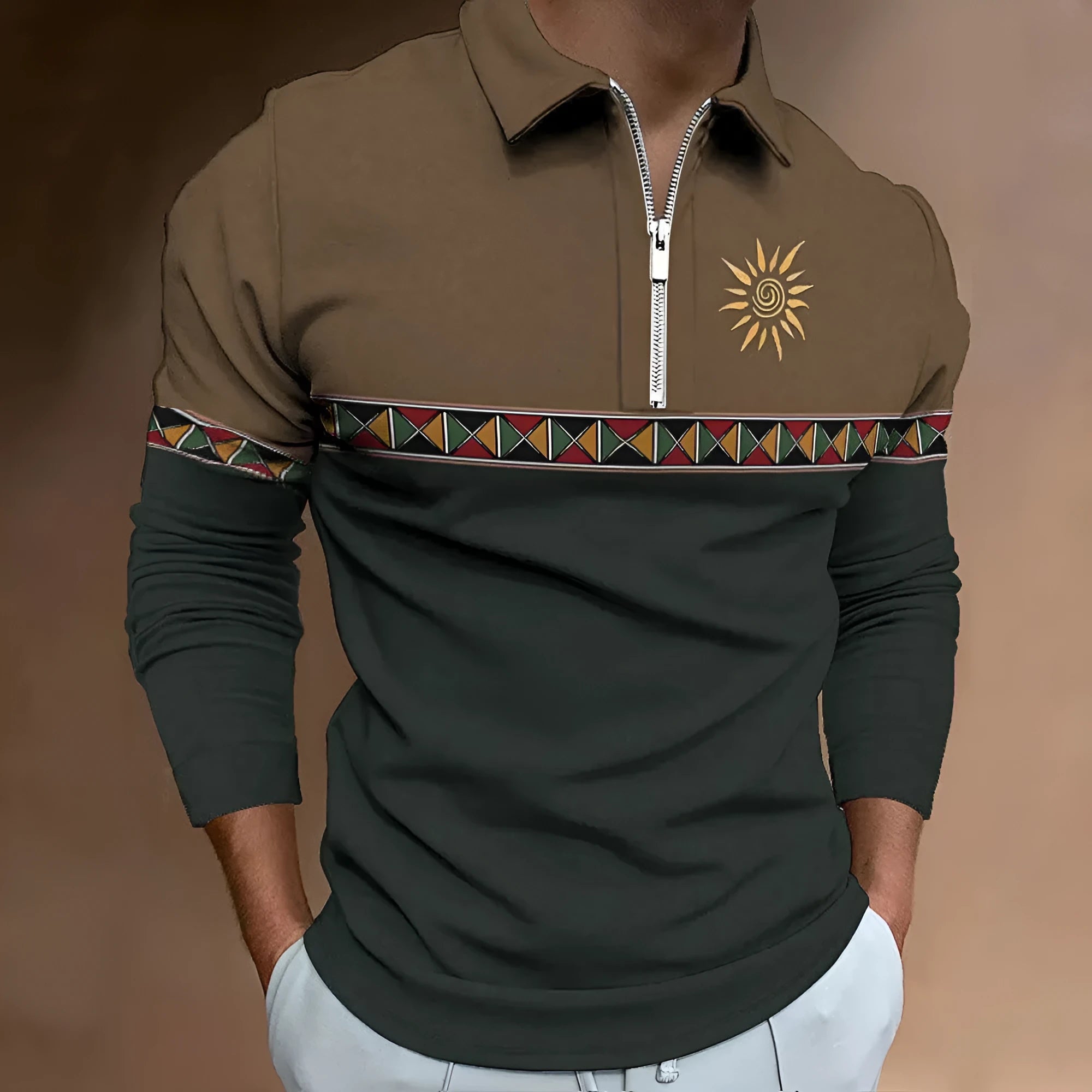 Men's long sleeve t-shirt with retro colour printing and striped zipper decoration on polyester bird eye cloth