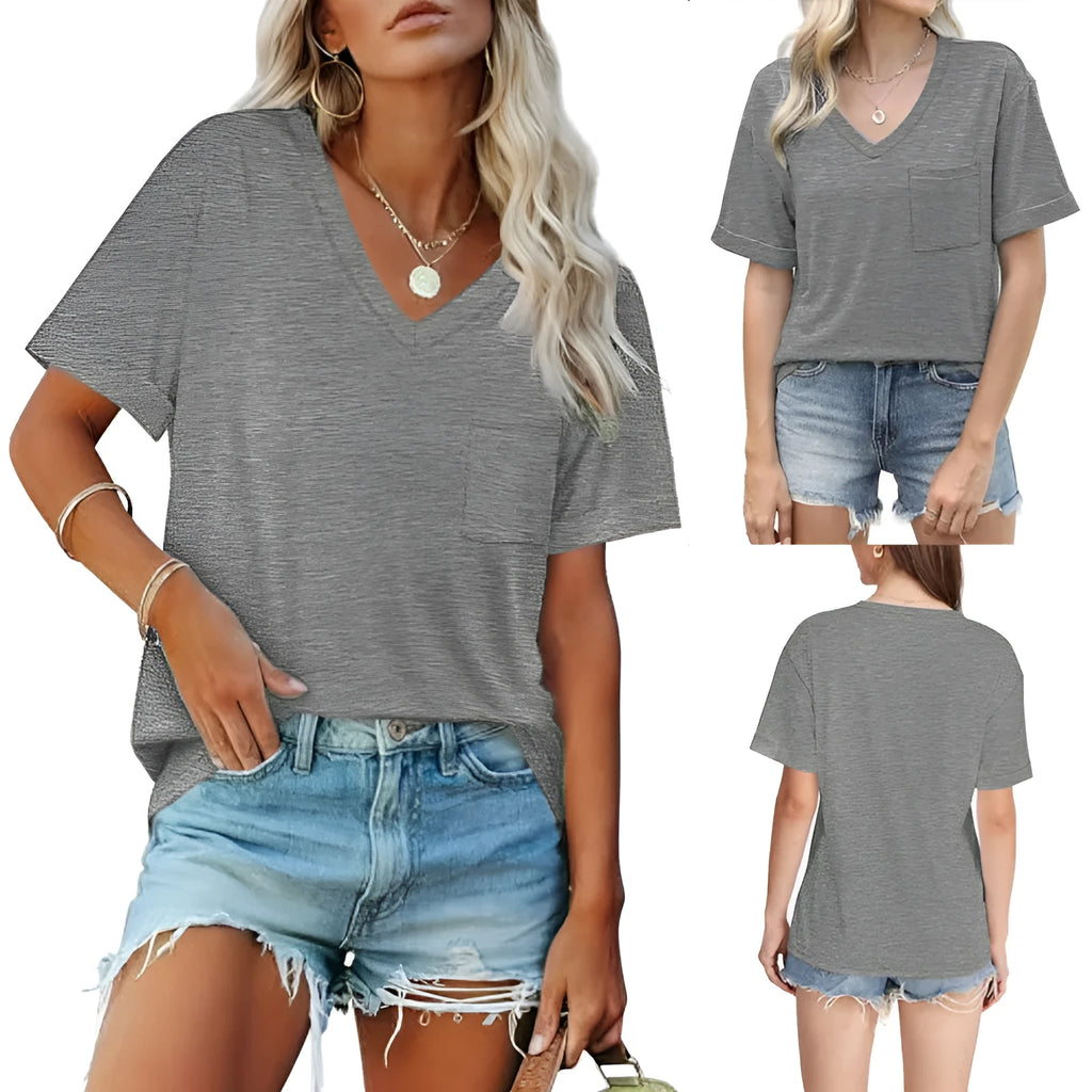 Grey loose V-neck T-shirt with front pocket, short sleeves, casual styling
