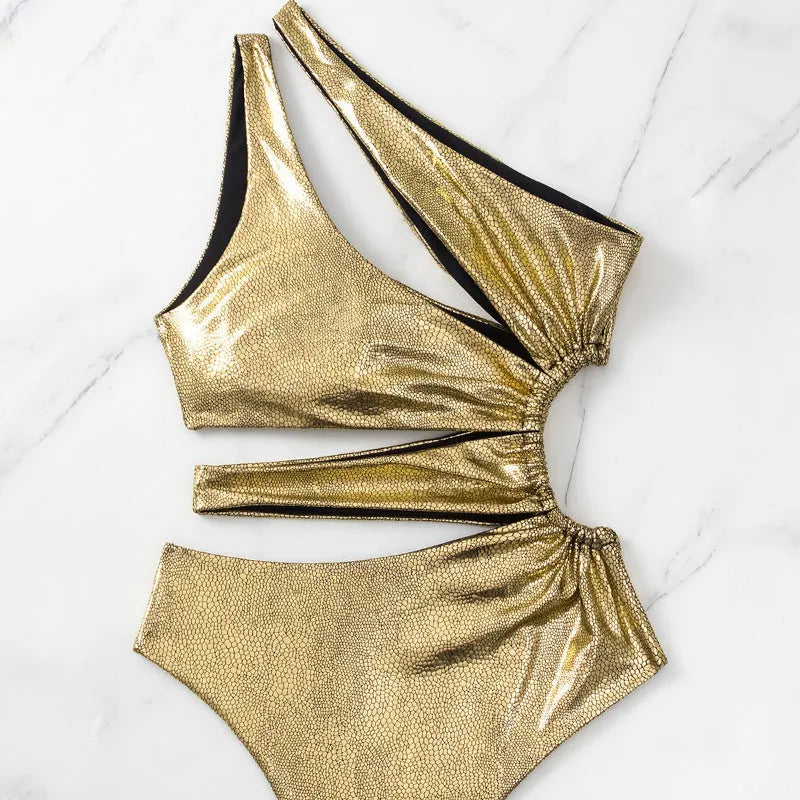Gold backless one-piece swimsuit for women with solid colour design and spandex lining