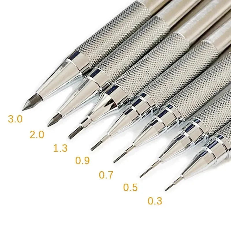 A metal mechanical pencil for drafting and writing with multiple lead size options.