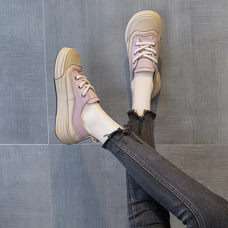 Women's leather platform sneakers in matcha green, purple, and orange colours with round toe and lace-up front.