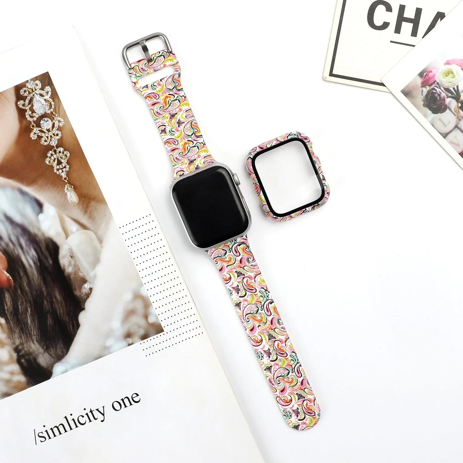 Printed silicone strap for Apple Watch showing design options and size variations