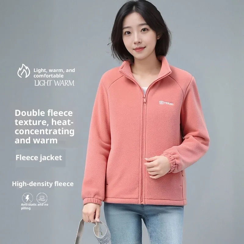 Women's polar fleece stand collar cardigan with zipper in orange