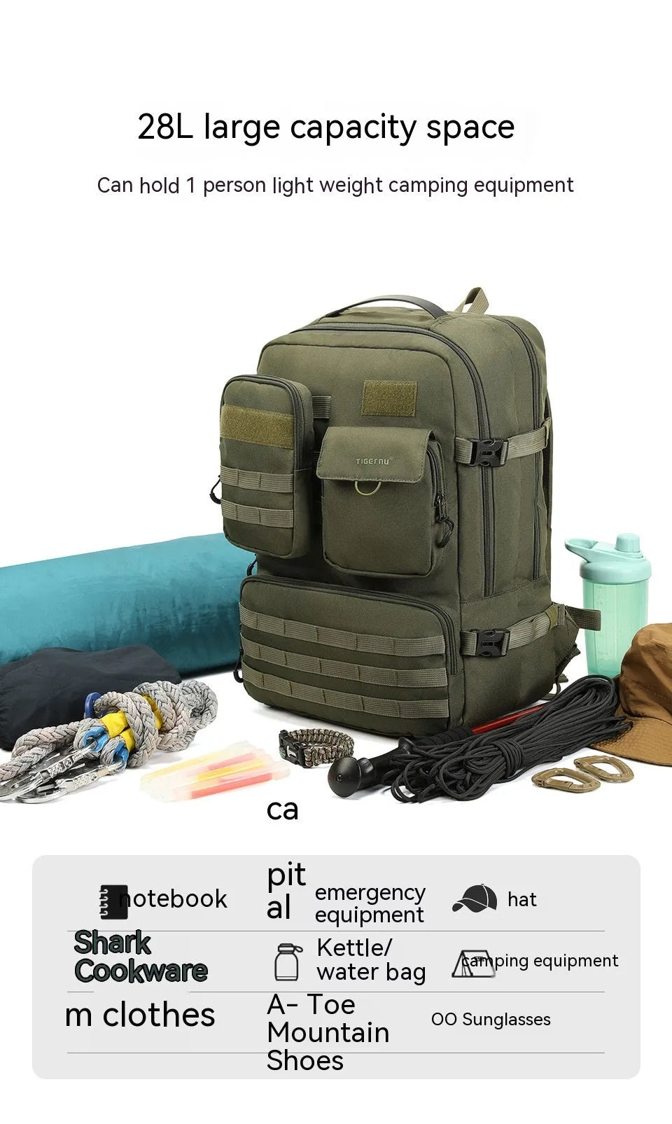 Army Green waterproof tactical backpack with 17-inch frame and 20-35 litre capacity