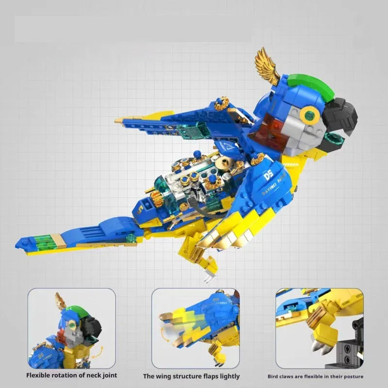 Steampunk macaw building block model in colour box packaging, 27cm size