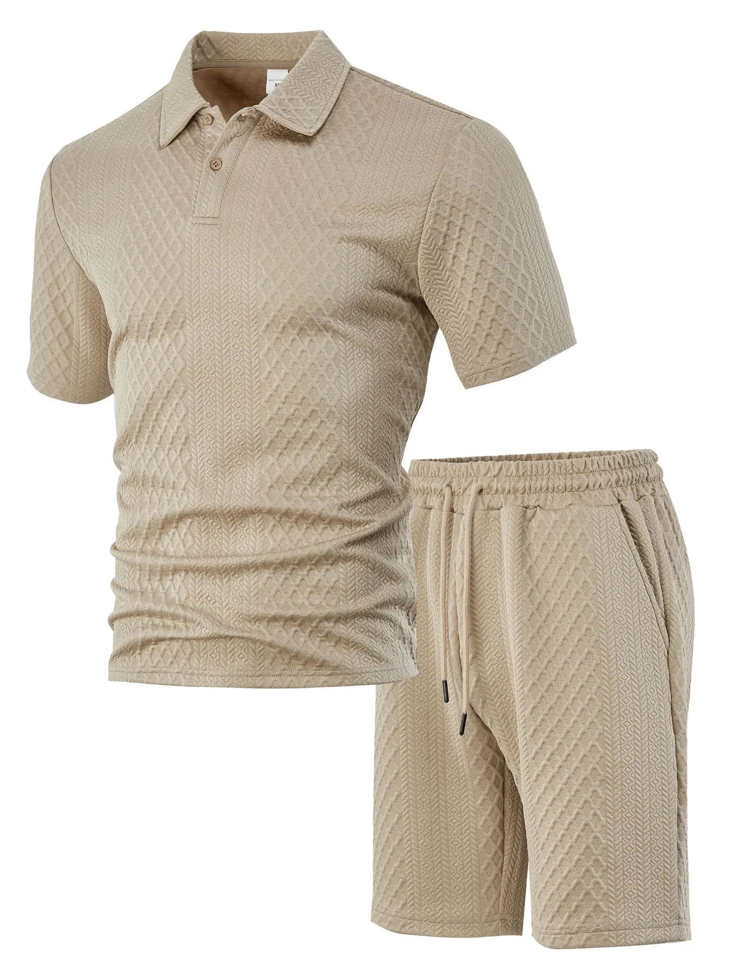 Men's light grey casual short sleeve suit with polo shirt and trousers on a hanger