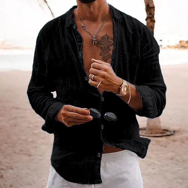 Men's casual cotton linen shirt long sleeves lapel cardigan loose fit solid colour in sky blue