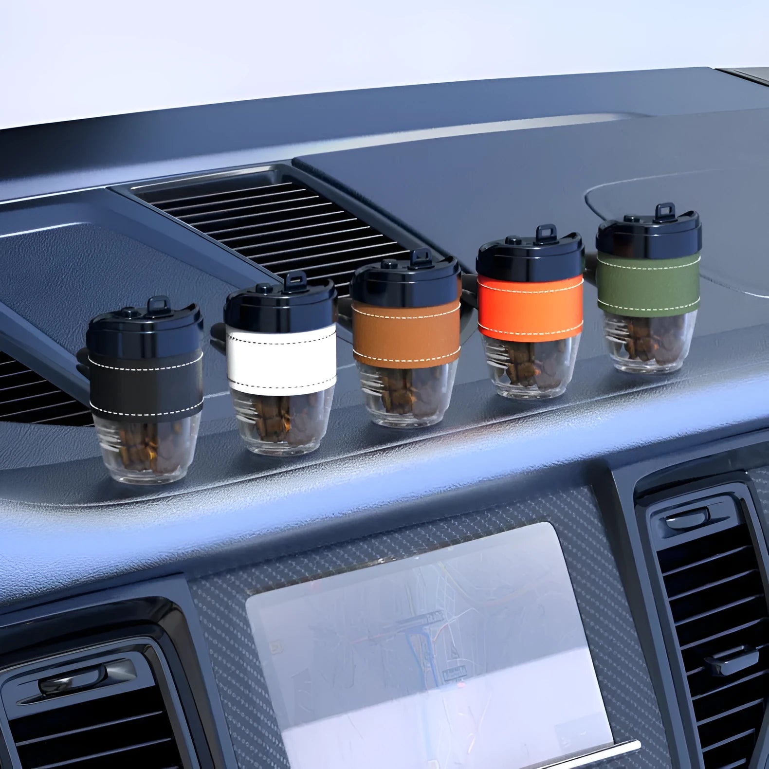 Plastic coffee cup shaped car air freshener with solid coffee beans fragrance in five colour options