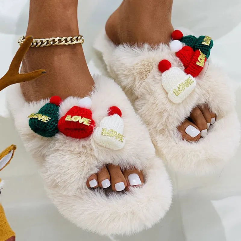 Women's Christmas hat decoration slippers in super hairy faux plush, shown in black, khaki, or white.