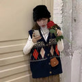 Diamond plaid pattern sleeveless cardigan top in loose free size fit