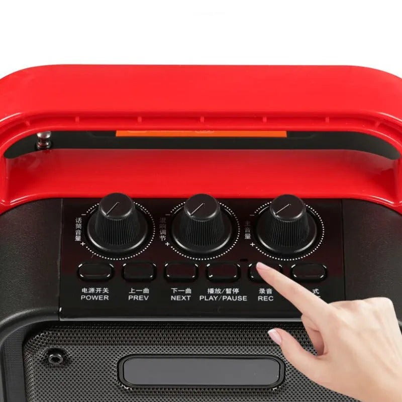 MS62AI portable Bluetooth speaker with 6.5 inch wireless microphone showing control buttons and connectivity ports