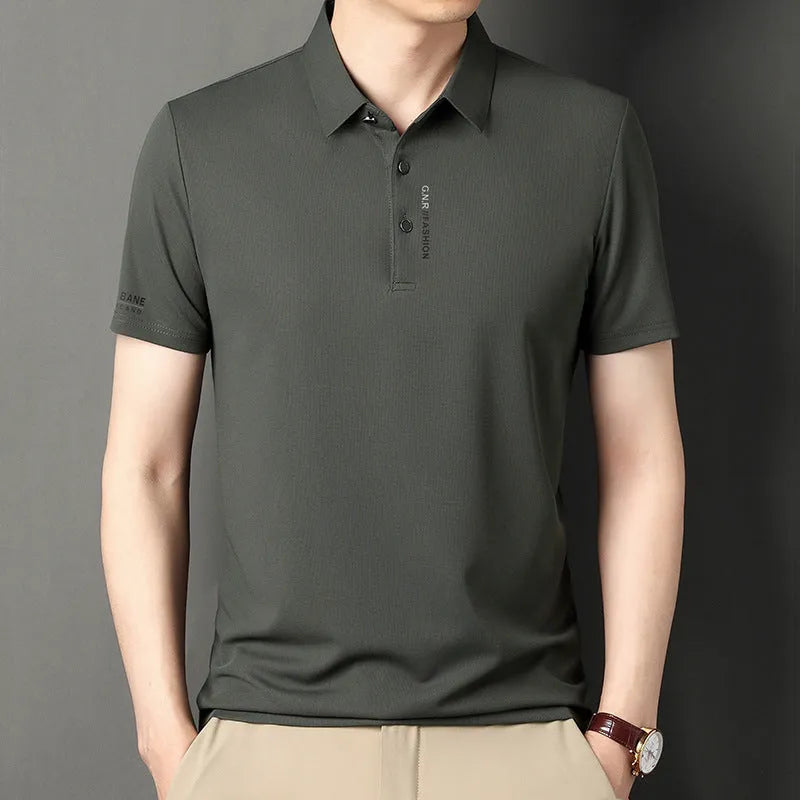 Men's waffle short sleeve polo shirt, loose fit, polyester, side slits, available in black, green, khaki, and other colours
