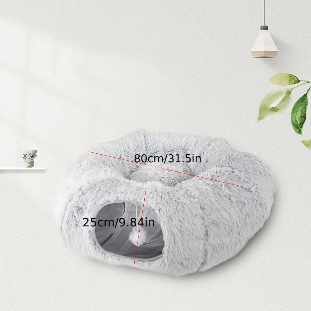 Round plush winter cat nest with attached tunnel in gray colour, foldable pet bed for indoor cats