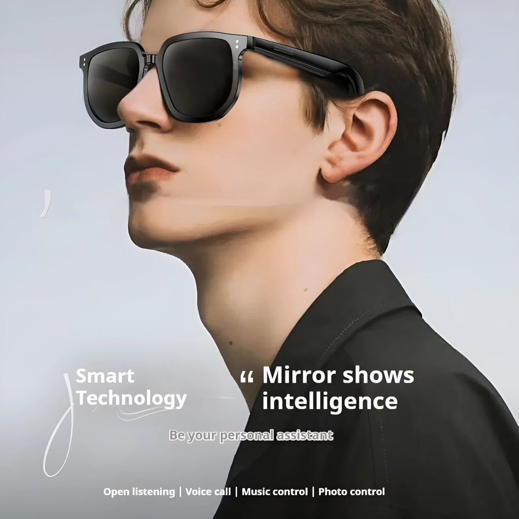 Black Bluetooth smart sunglasses with touch controls for wireless calls and audio.