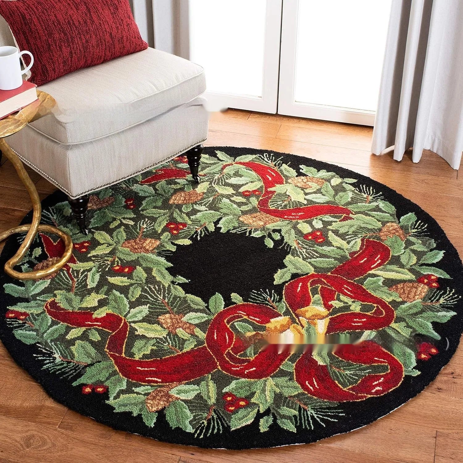Christmas round pad design printed on a soft, square polyester fibre carpet.