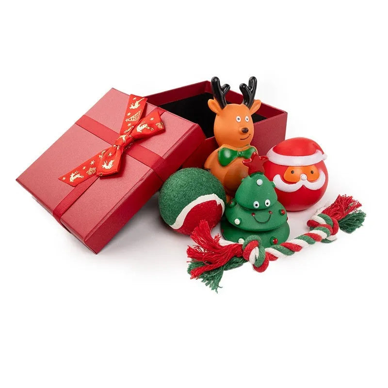 Christmas dog toy gift sets in vinyl with seven festive design options for bite-resistant chewing