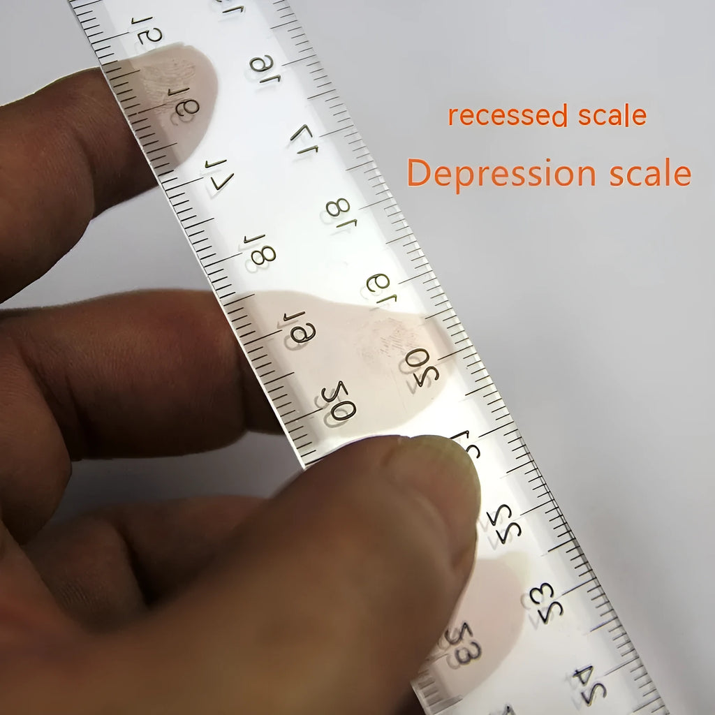 Transparent plastic T-shaped ruler with measurement scales for student design work