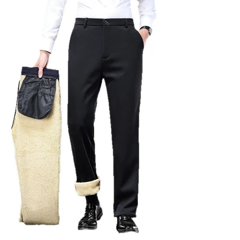 Pair of casual thermal long pants for elderly men in lamb wool black with rope closure and polyester-spandex fabric