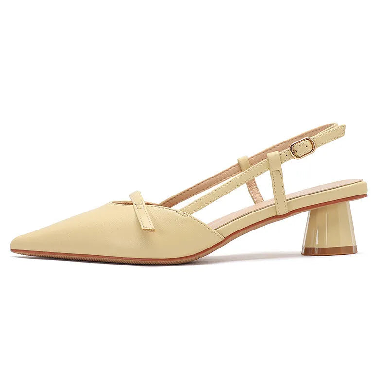 Women's chunky heel pointed sandals in beige with stitching detail and rubber sole