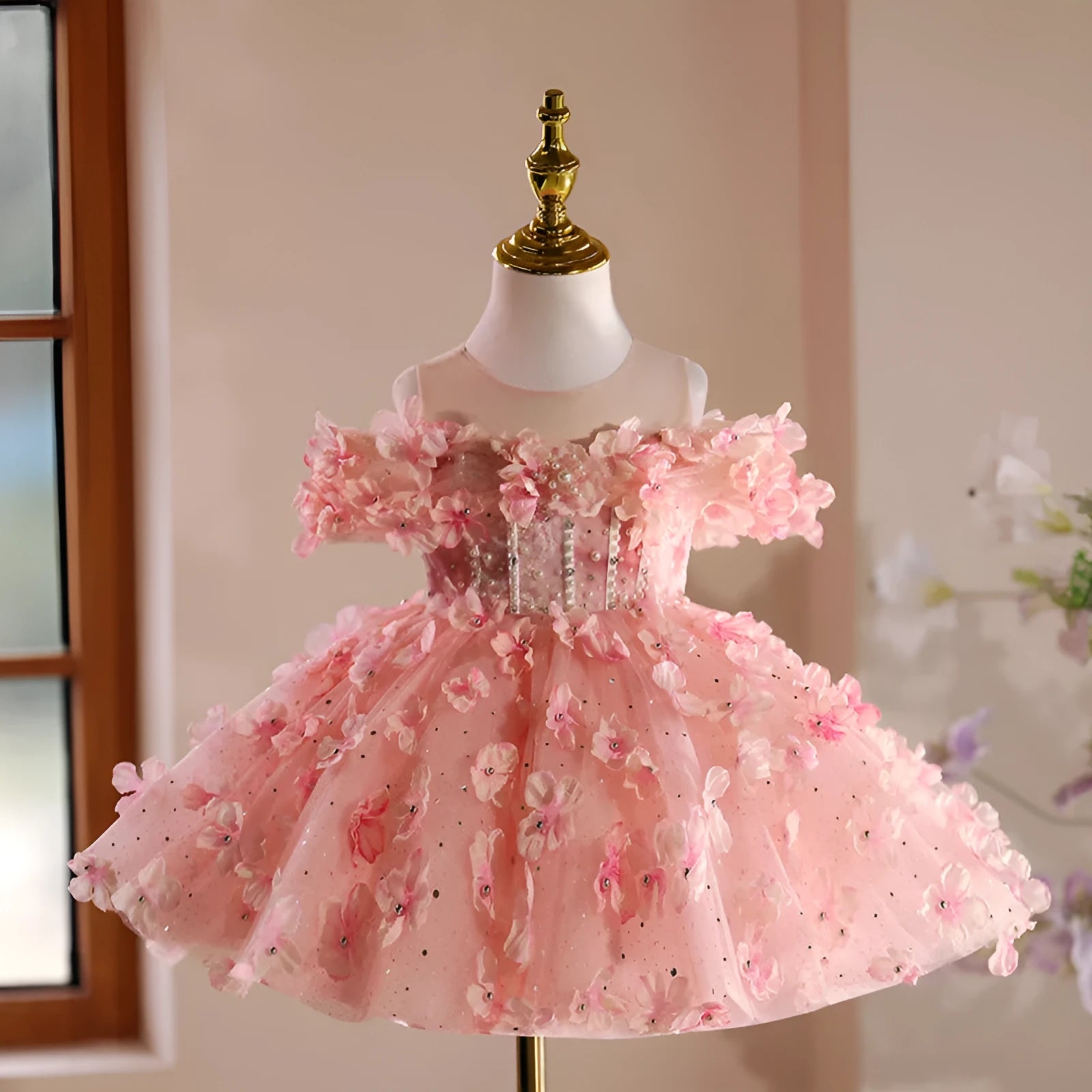 Girls' pink polyester pettiskirt princess dress with full layered skirt suitable for heights up to 150cm