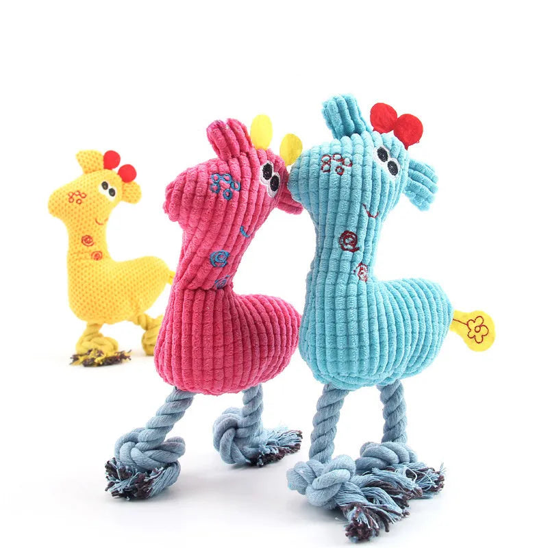 Blue deer-shaped plush dog toy with corn kernel texture