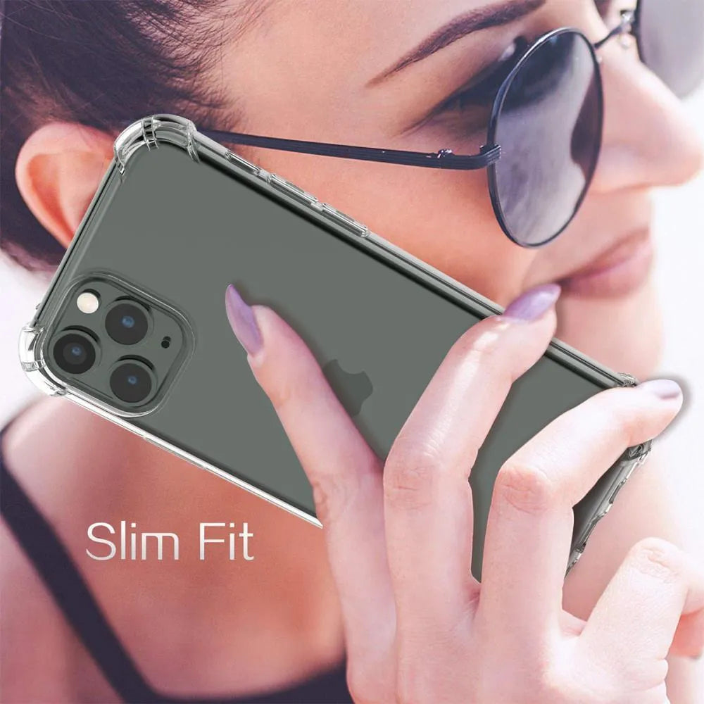 Clear TPU shockproof iPhone case showing transparent protection on multiple iPhone models