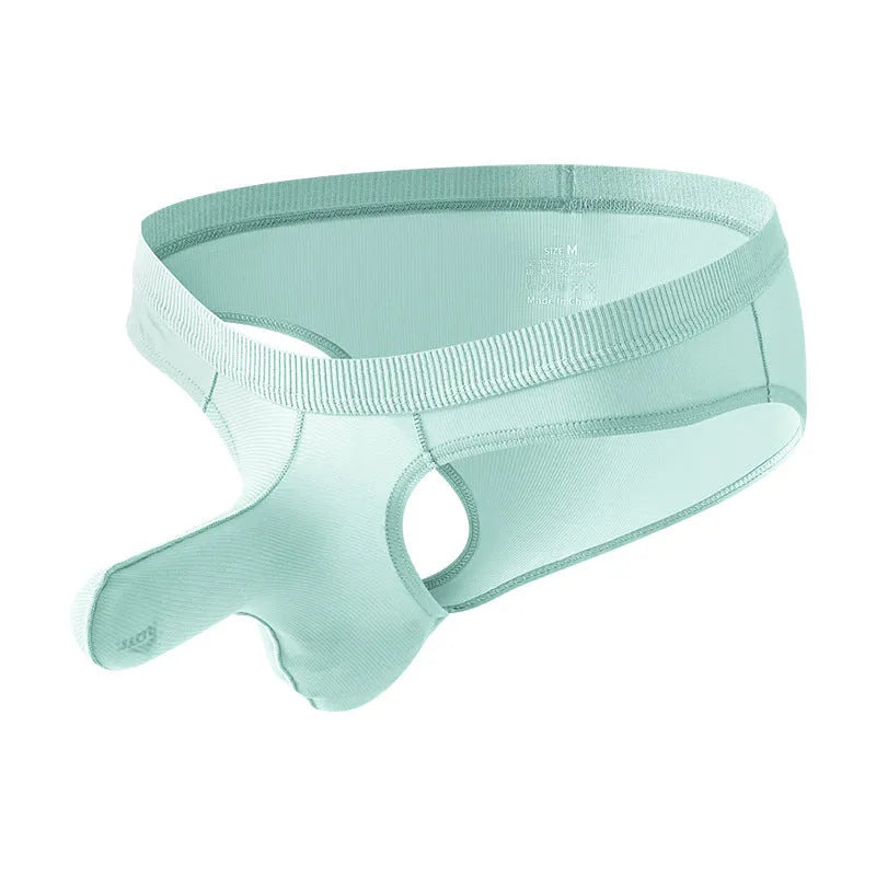 Men's low waist briefs underwear in Ice Silk fabric on a colour swatch showing black, grey, purple blue, light green, and pink.