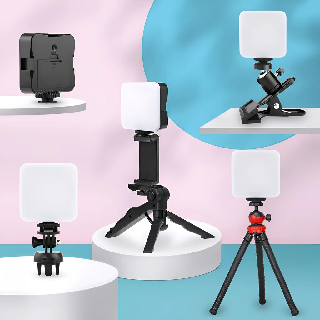 Universal LED mini square camera flash with rotatable head on a tripod stand.