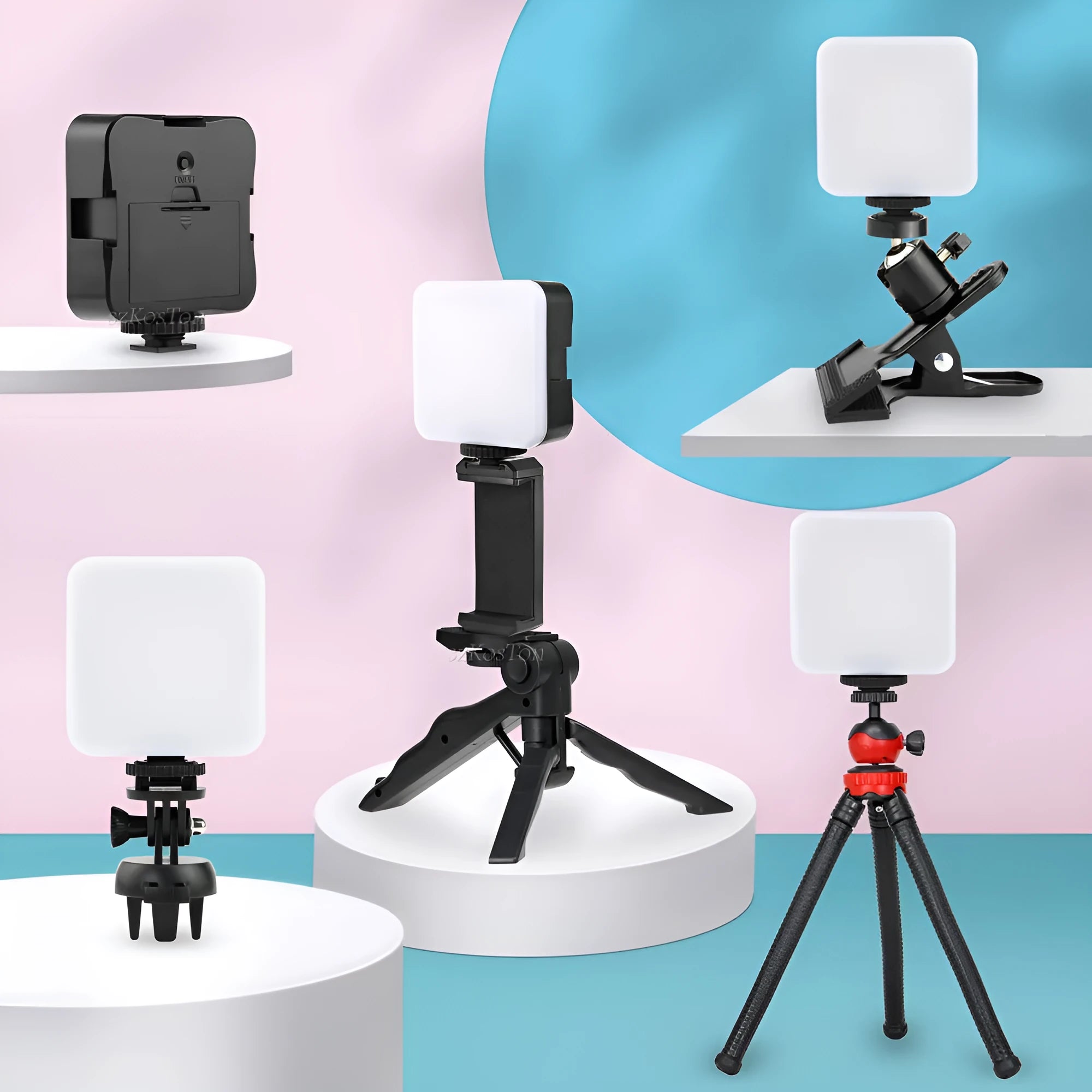 Universal LED mini square camera flash with rotatable head on a tripod stand.