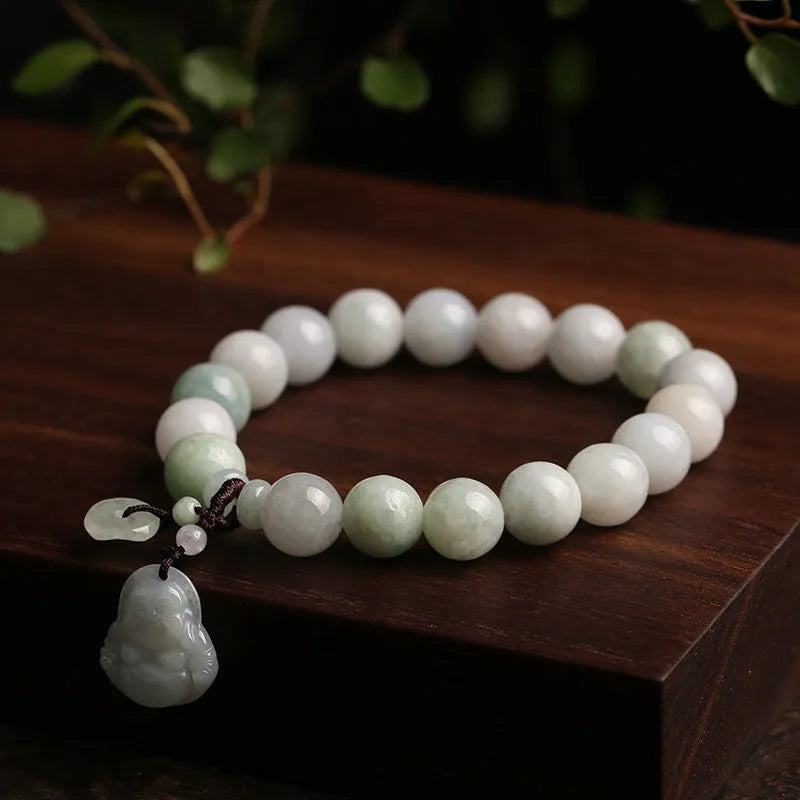 Natural green jade geometric bracelet with an adjustable chain and a hanging Maitreya Buddha charm.