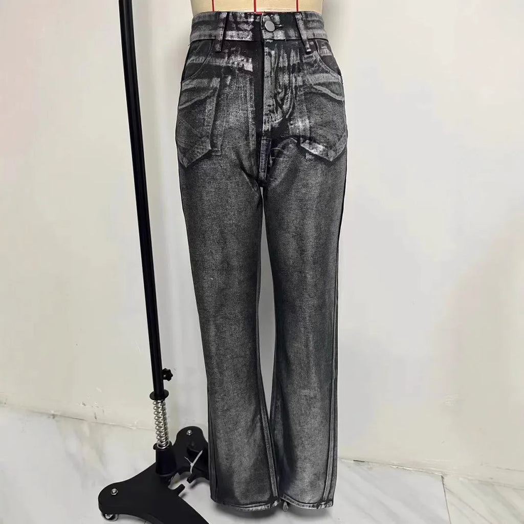 High-waist straight leg denim jeans in blue with street hipster styling and contrast colour details