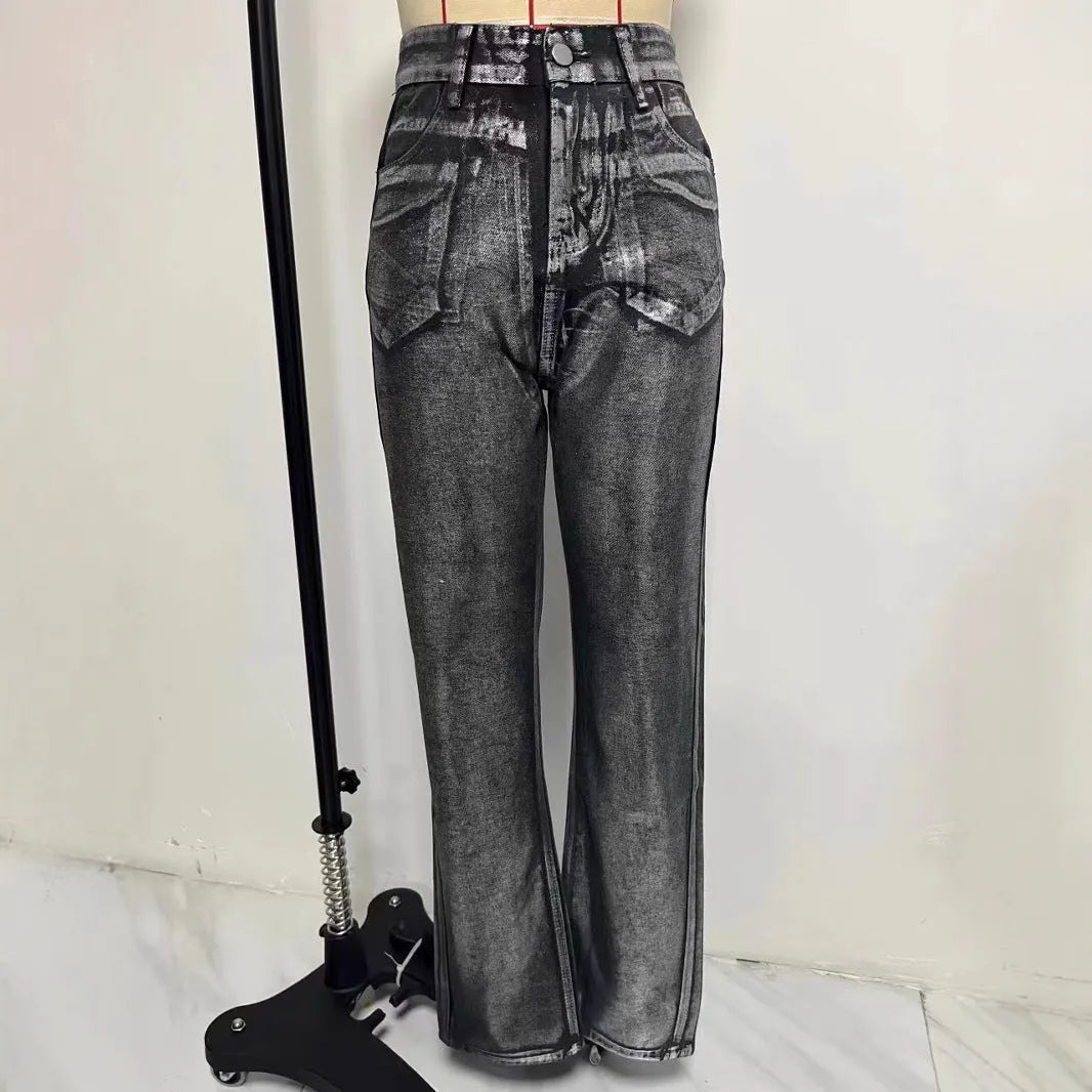 High-waist straight leg denim jeans in blue with street hipster styling and contrast colour details