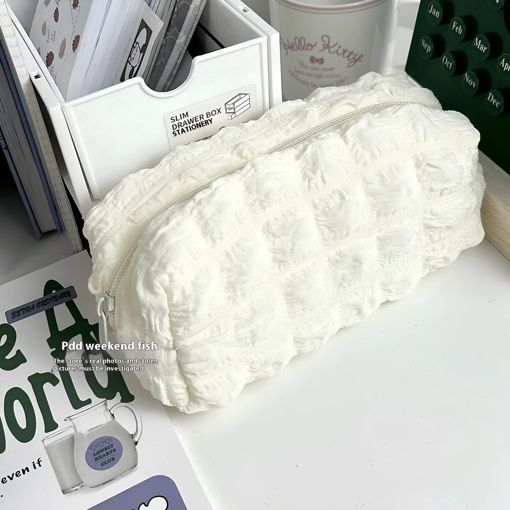 Fashion personality cream puff design pencil case made from polyester fabric in beige colour