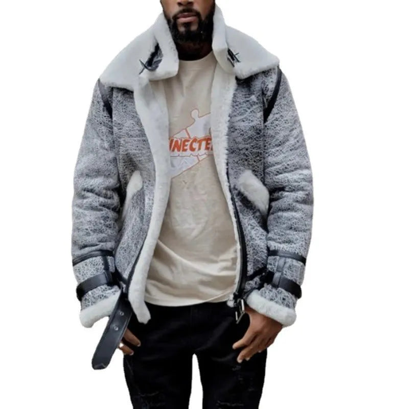 Men's off-white polyester jacket with large fur collar, zipper closure, loose fit in grey colour