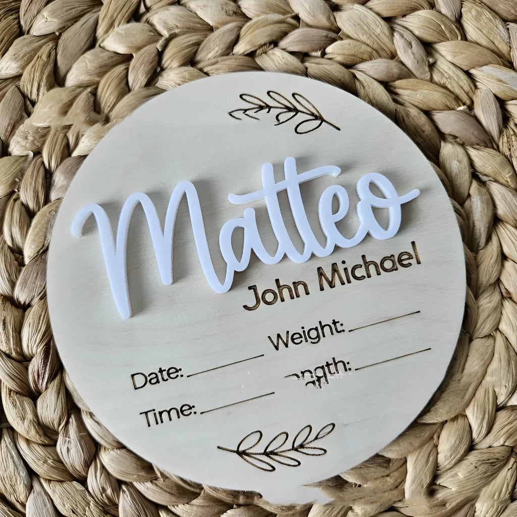15cm square wooden baby name label with birth information display in rustic nursery style