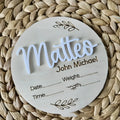 15cm square wooden baby name label with birth information display in rustic nursery style