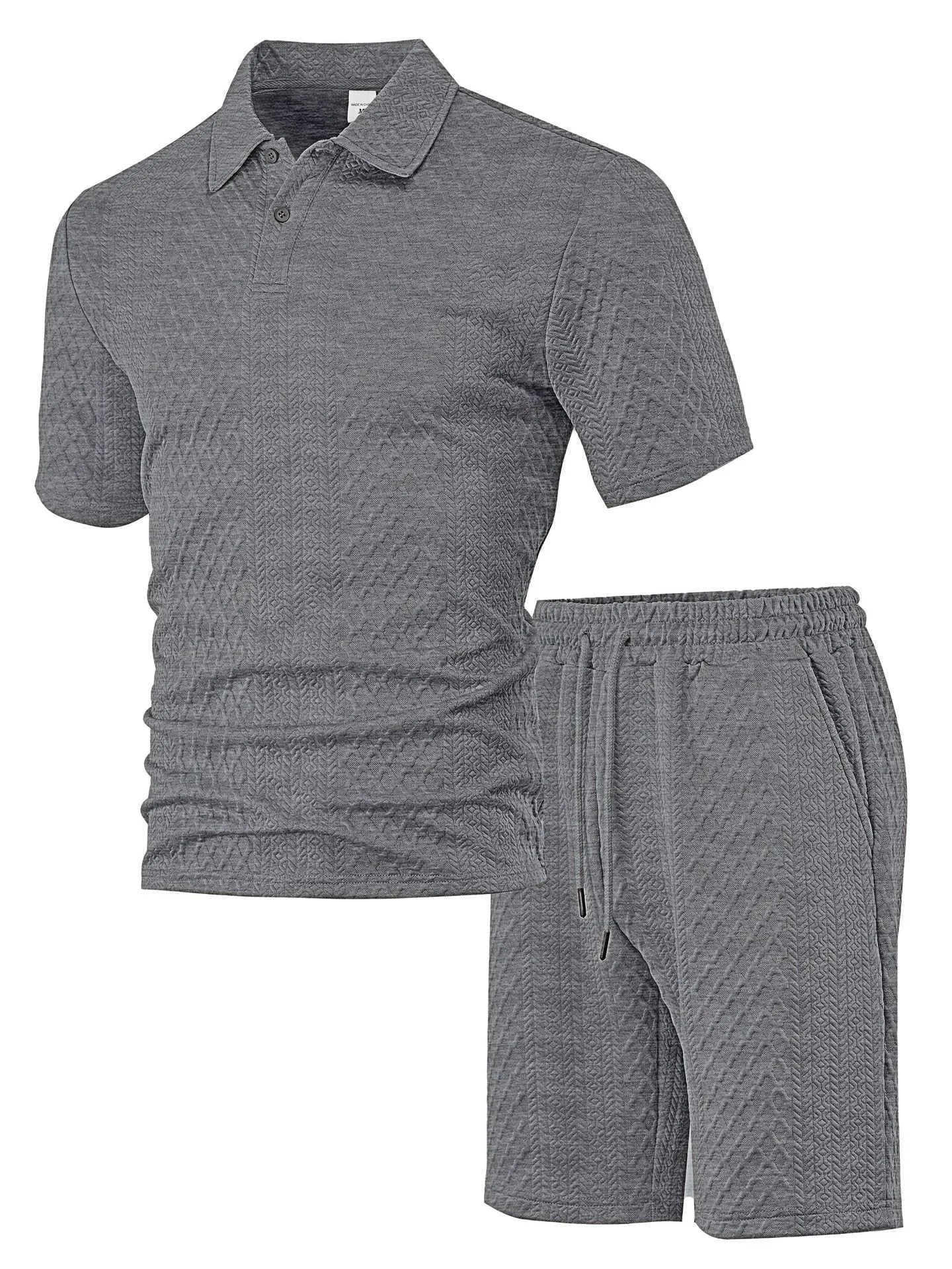 Men's light grey casual short sleeve suit with polo shirt and trousers on a hanger