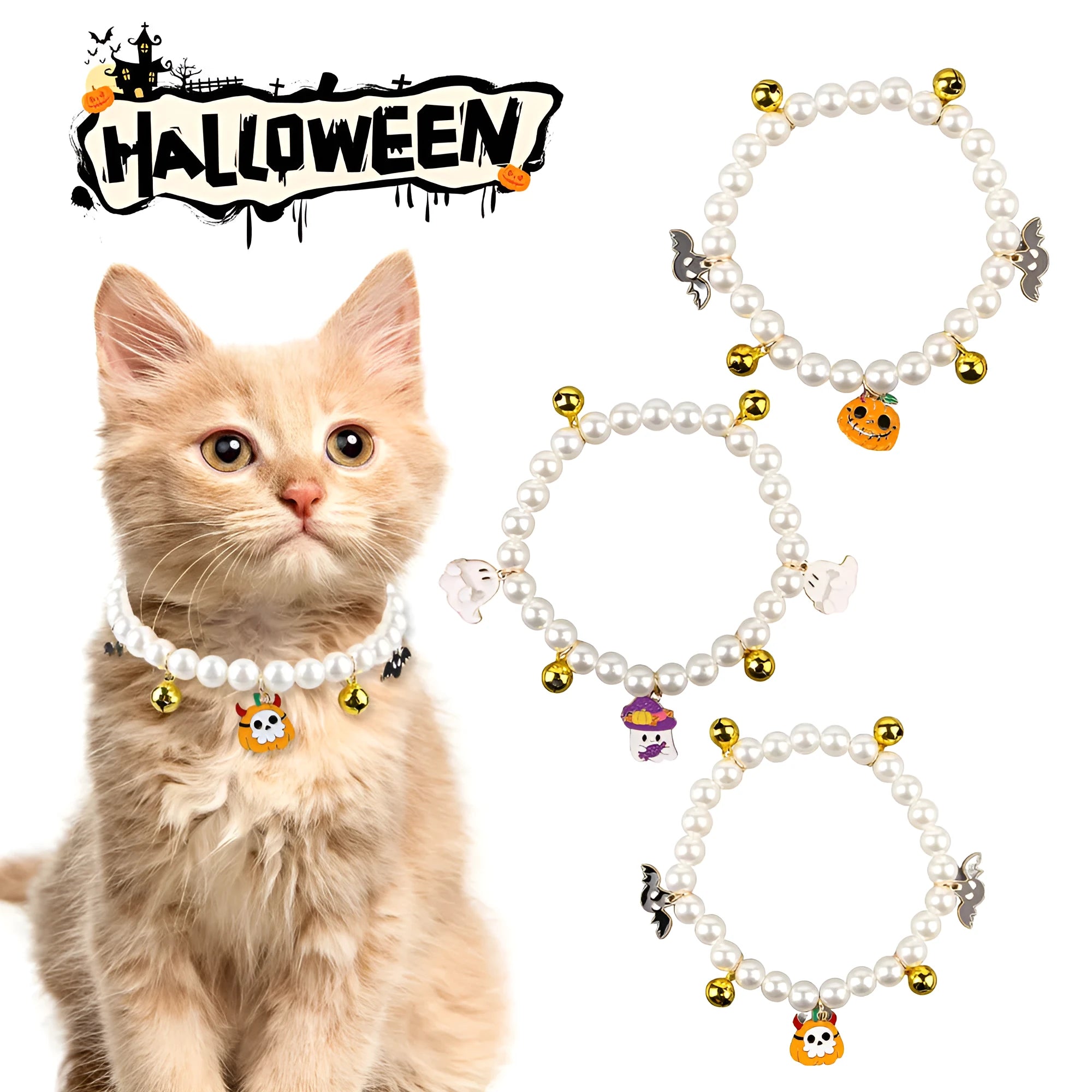 Halloween pearl necklace pet collar with pumpkin designs in purple ghost, skull, and smiling variations