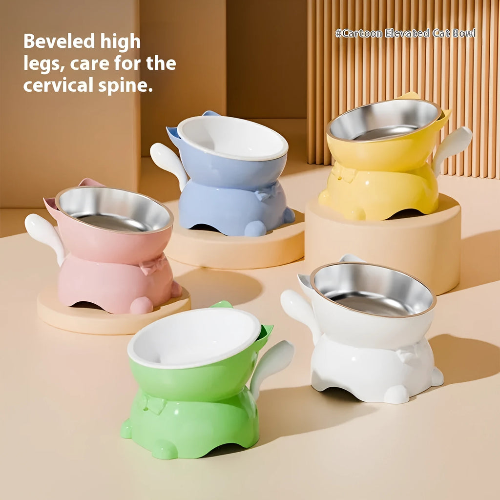 Stainless steel oblique anti-fall cat bowl in black, blue, pink, and yellow colour options