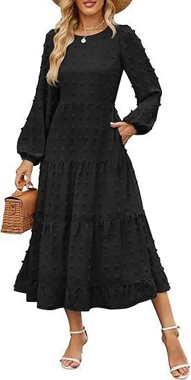 Women's solid colour long sleeve dress with ruffled sleeves and high waist in autumn colours