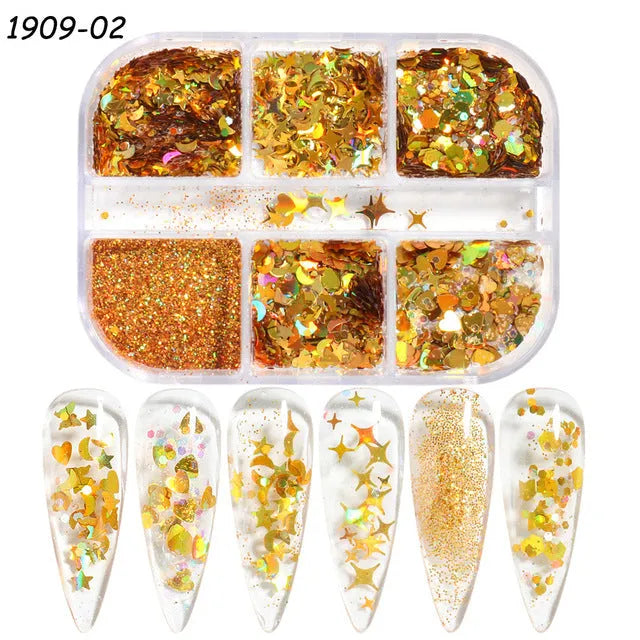 Gold and silver laser irregular nail glitter sequins in 8g box with six-grid compartments